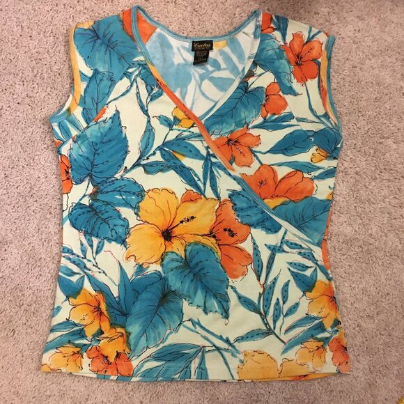 Cactus Faux Wrap Hawaiian Orange Hibiscus Tropical Sequin & Cotton Top - Picture 10 of 15